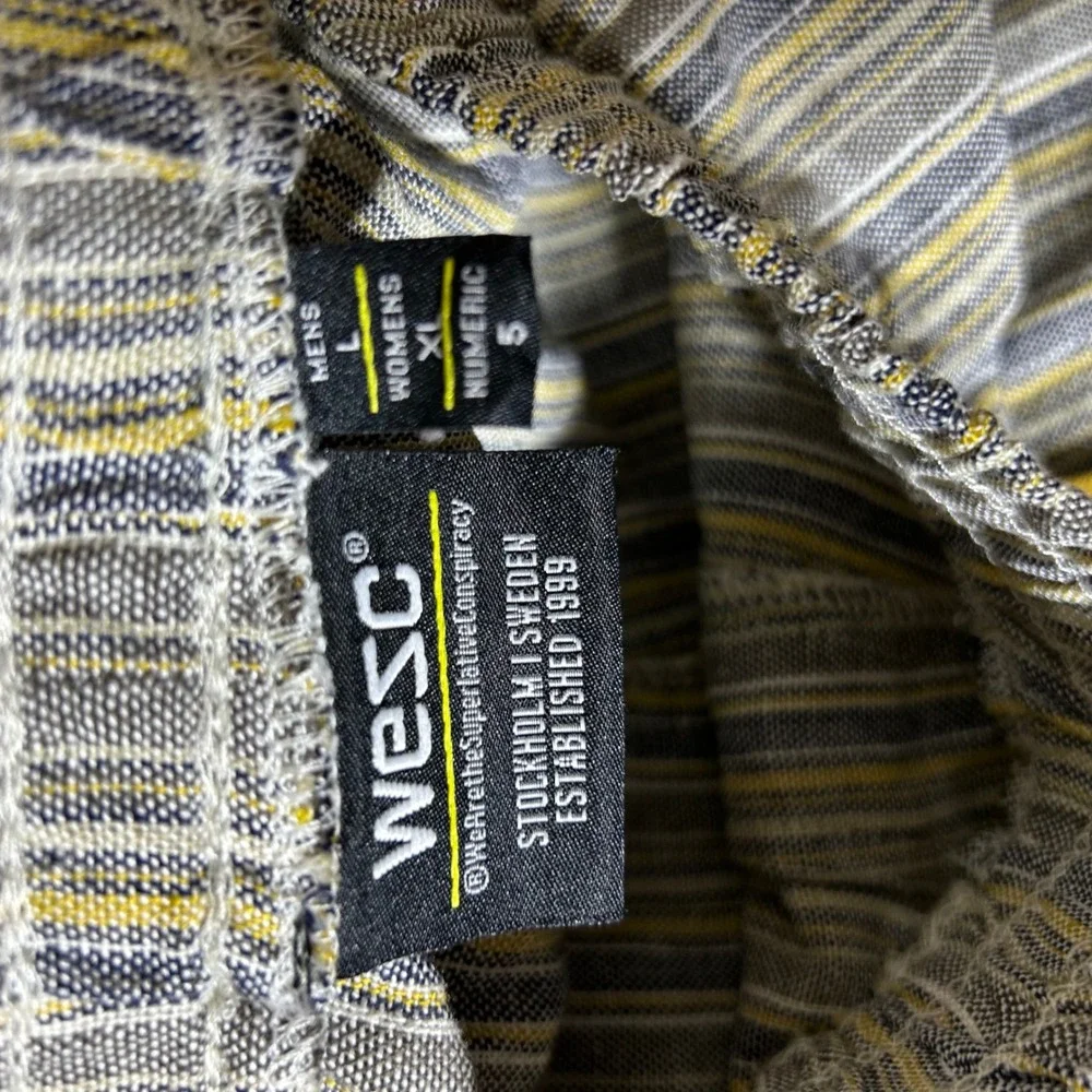 WESC Striped Linen Blend Shorts Trunk Men L Blue Grey Elastic Waist Coastal Gorp